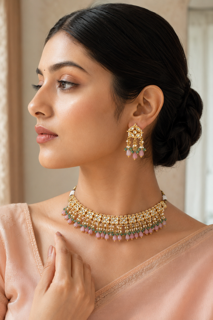 Dastoor Gold-Plated Peach Kundan Studded Jewellery Set