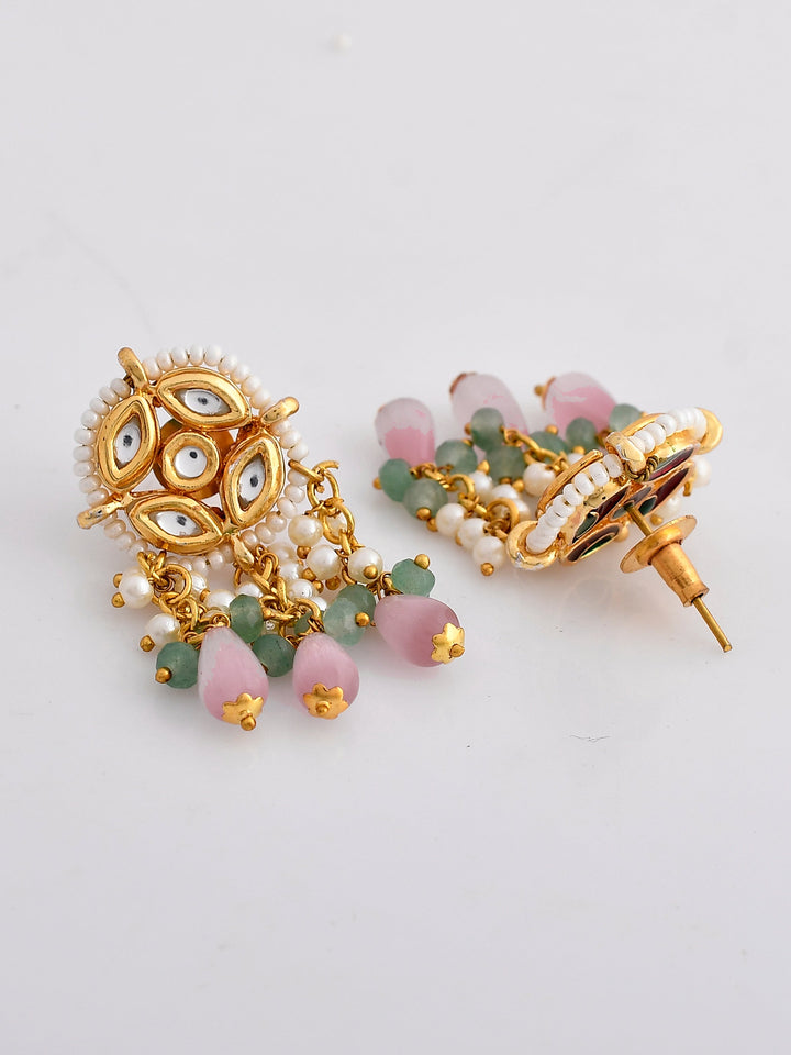 Dastoor Gold-Plated Peach Kundan Studded Jewellery Set