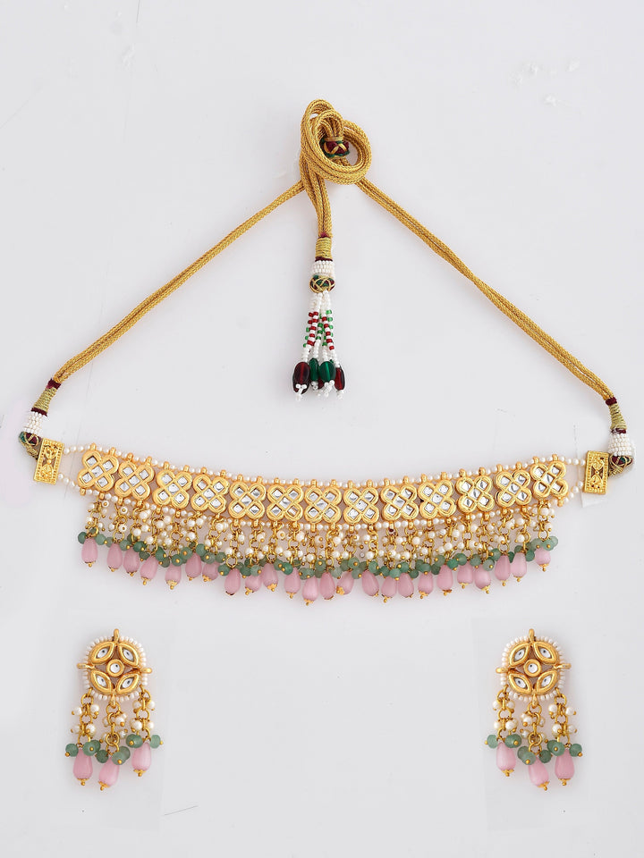 Dastoor Gold-Plated Peach Kundan Studded Jewellery Set