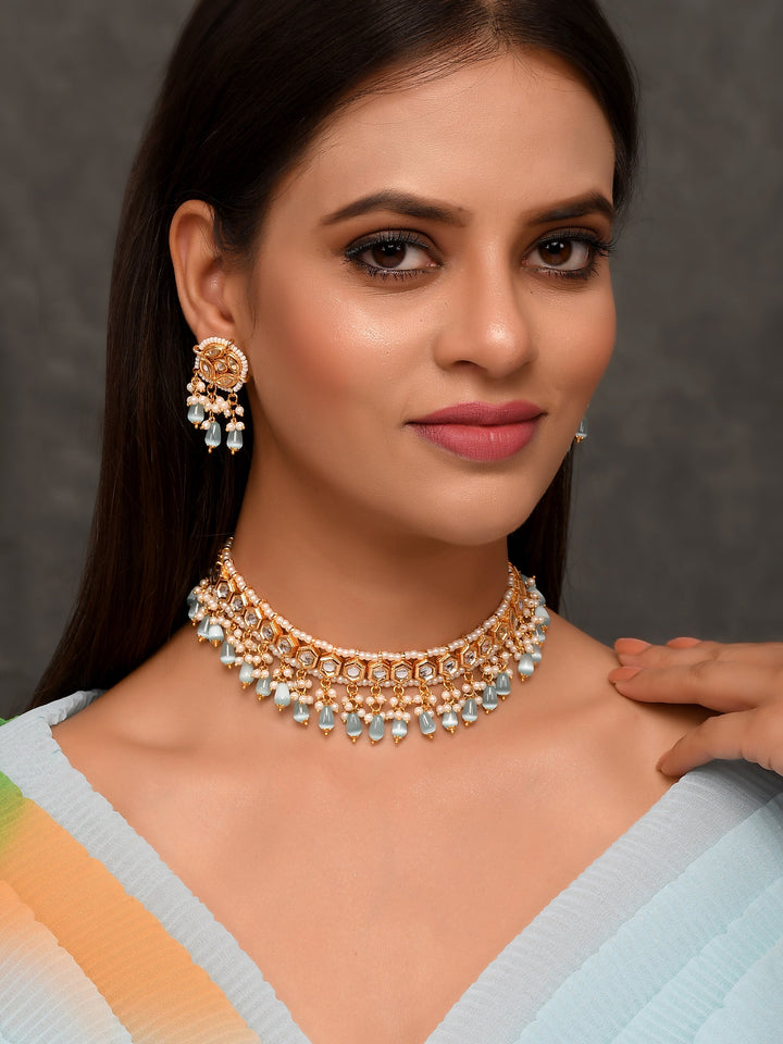 Dastoor Gold-Plated Blue Kundan Studded Jewellery Set