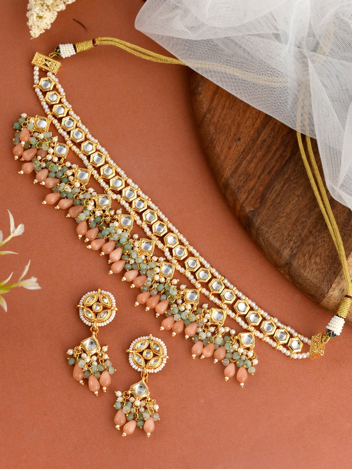 Dastoor Gold-Plated White Pink Kundan Beaded Jewellery Set