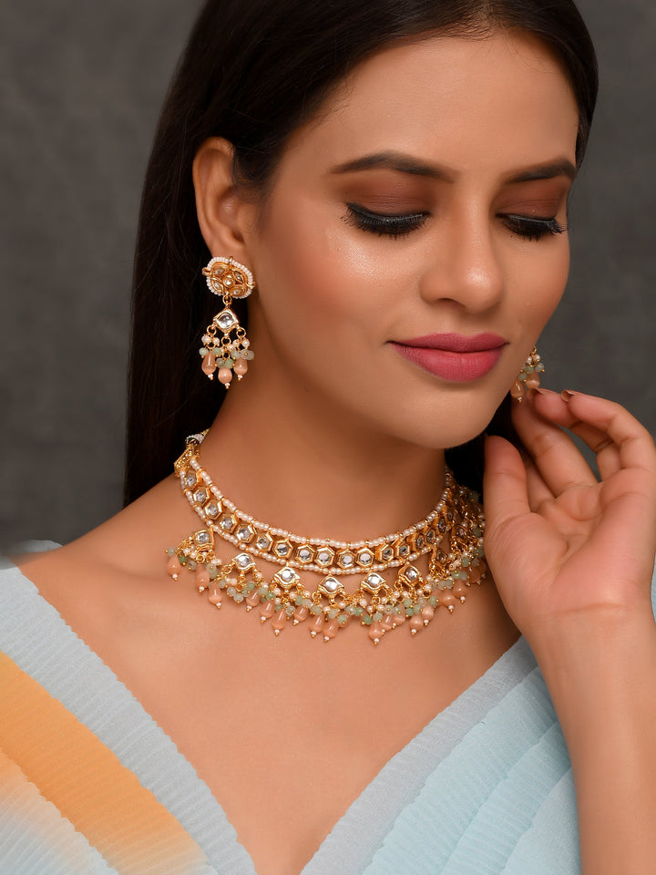 Dastoor Gold-Plated White Pink Kundan Beaded Jewellery Set