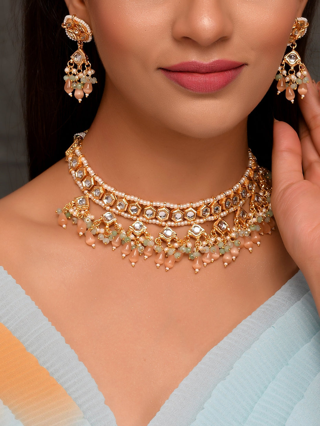 Dastoor Gold-Plated White Pink Kundan Beaded Jewellery Set