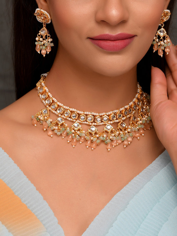 Dastoor Gold-Plated White Pink Kundan Beaded Jewellery Set