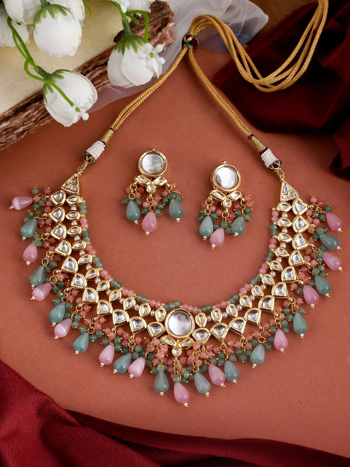 Dastoor Gold-Plated Pink Green Kundan Bead Studded Jewellery Set