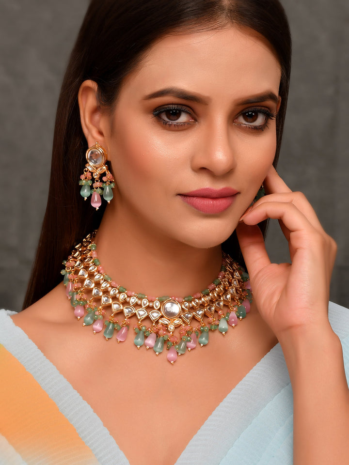 Dastoor Gold-Plated Pink Green Kundan Bead Studded Jewellery Set