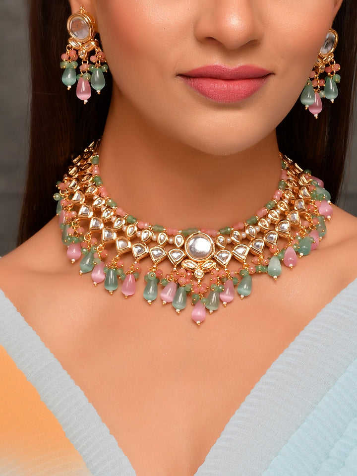 Dastoor Gold-Plated Pink Green Kundan Bead Studded Jewellery Set