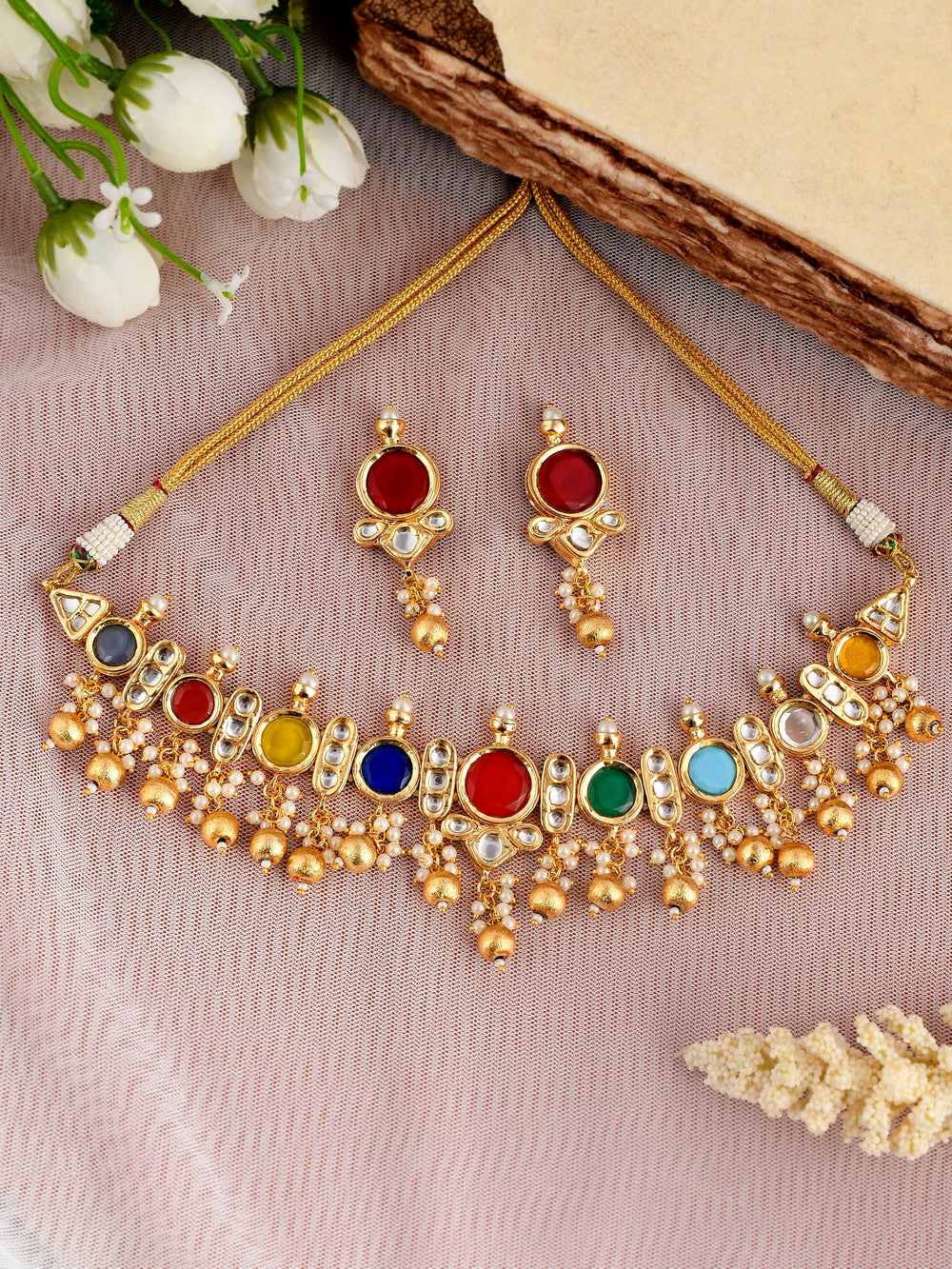 Red Kundan-Studded  Beaded Jewellery Set