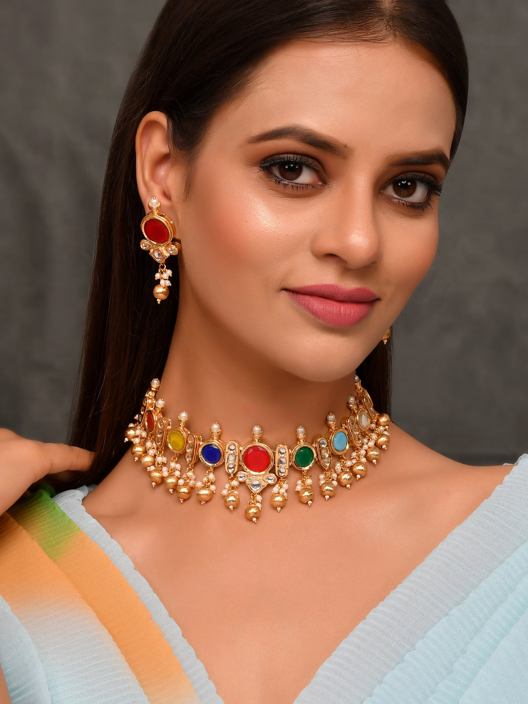 Red Kundan-Studded  Beaded Jewellery Set