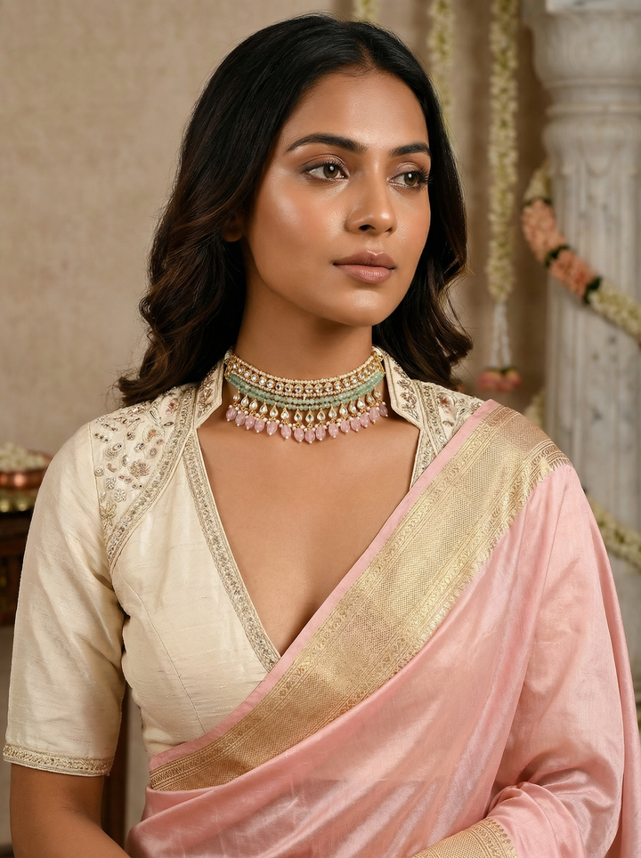 Dastoor Gold-Plated Pink  Green Kundan-Studded  Beaded Jewellery Set