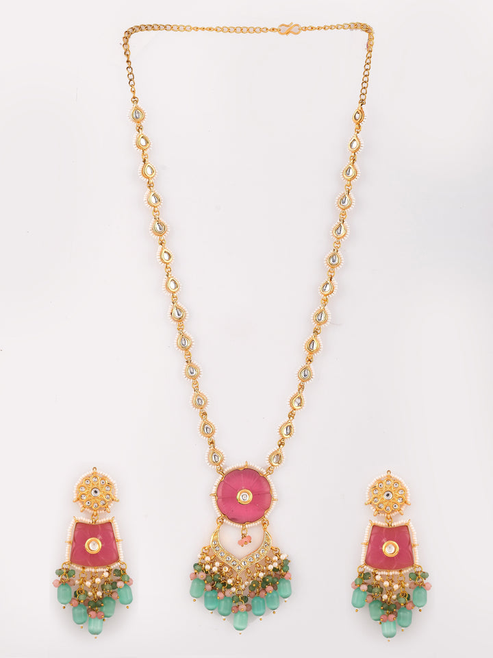 Dastoor  Pink Kundan Studded  Beaded Jewellery Set