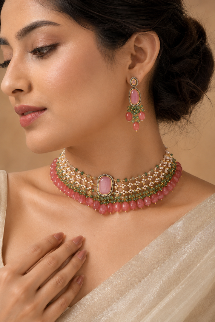 Dastoor Pink Kundan Studded  Beaded Jewellery Set