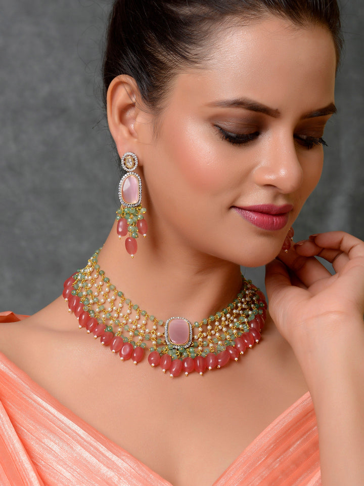 Dastoor Pink Kundan Studded  Beaded Jewellery Set