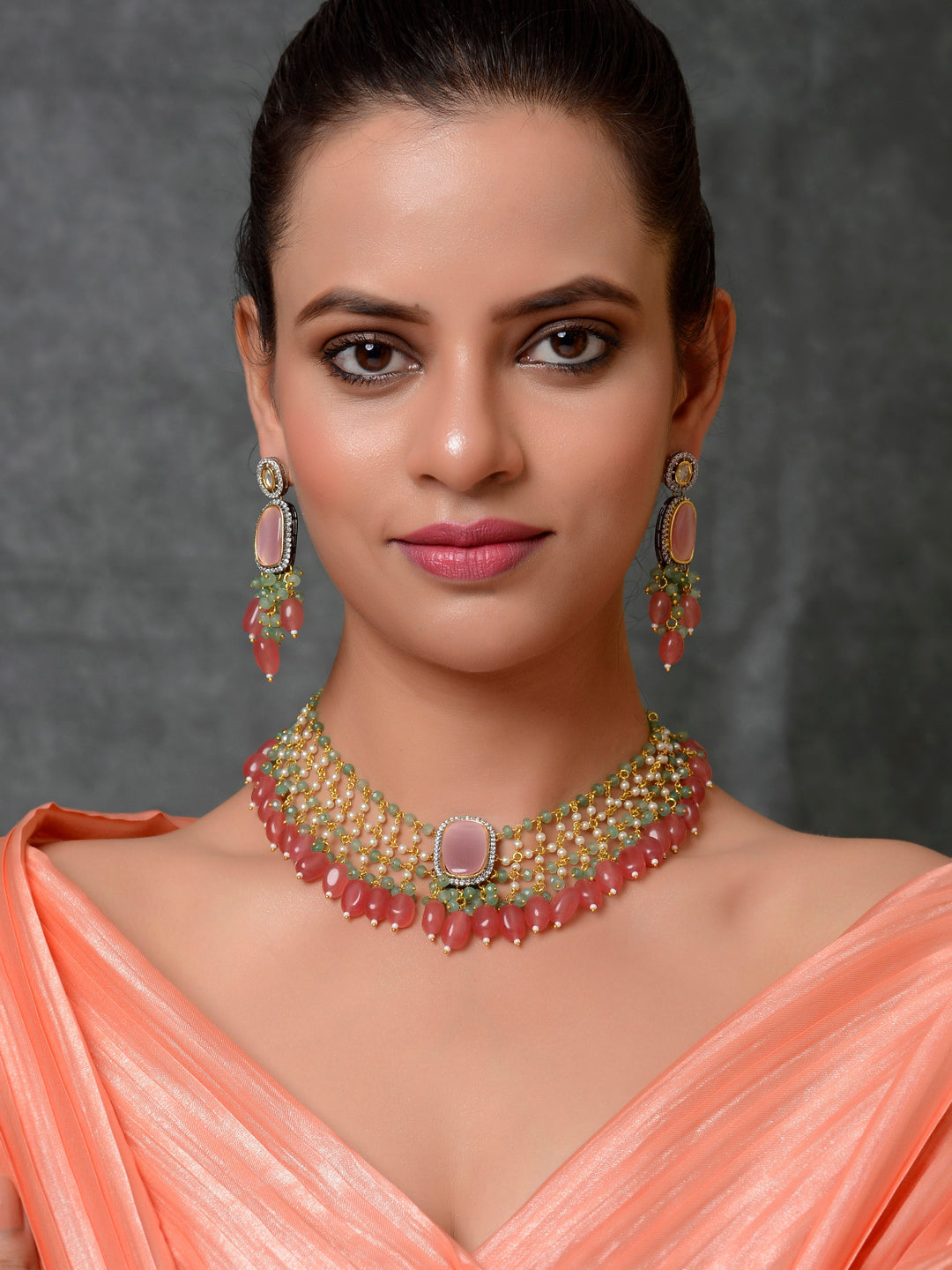 Dastoor Pink Kundan Studded  Beaded Jewellery Set
