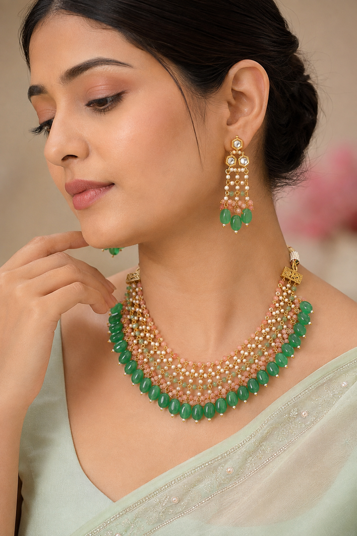 Dastoor Pink and Green Kundan-Studded  Beaded Jewellery Set