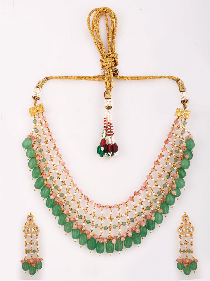 Dastoor Pink and Green Kundan-Studded  Beaded Jewellery Set
