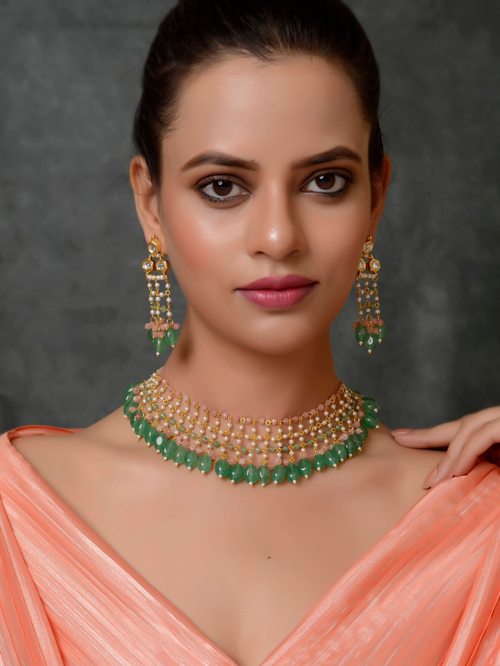 Dastoor Pink and Green Kundan-Studded  Beaded Jewellery Set