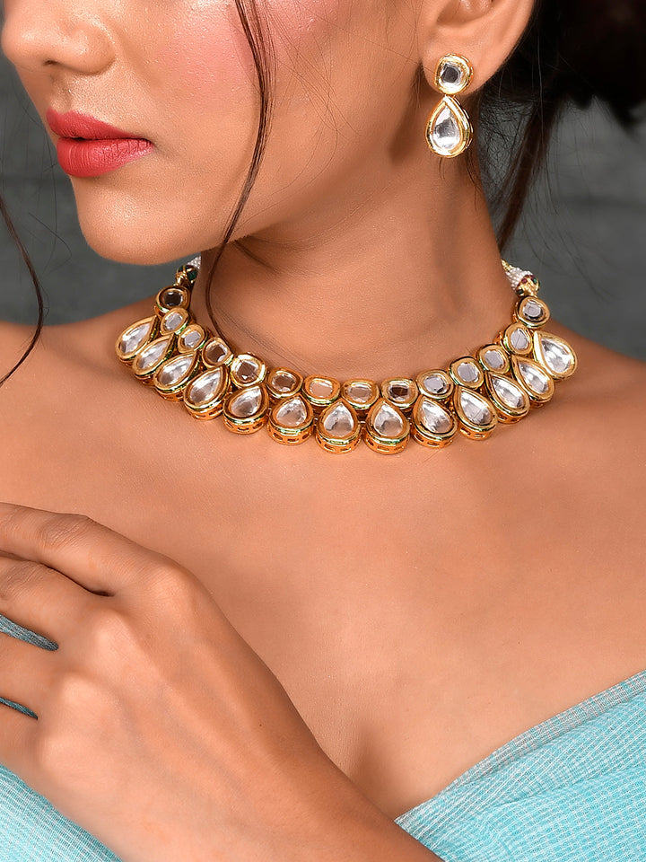 Dastoor Gold-Plated White Kundan Studded Jewellery Set