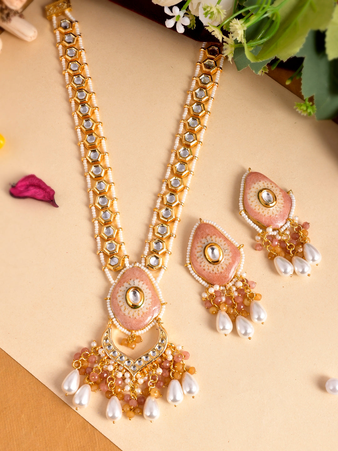 Golden Dusk Kundan Peach Strand Set