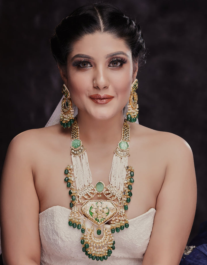 Dastoor Largish Abstract Pearl Green Long Necklace Set