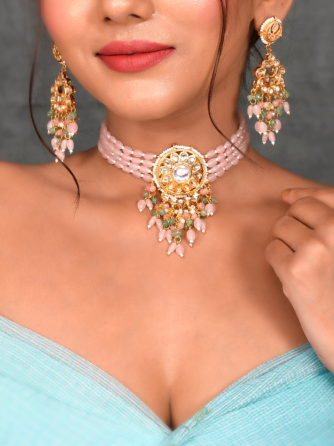 Petal Pink Kundan Collar Necklace Set