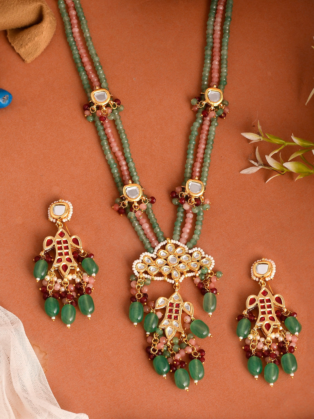 Pastel Green Gemstone Drape Necklace Set