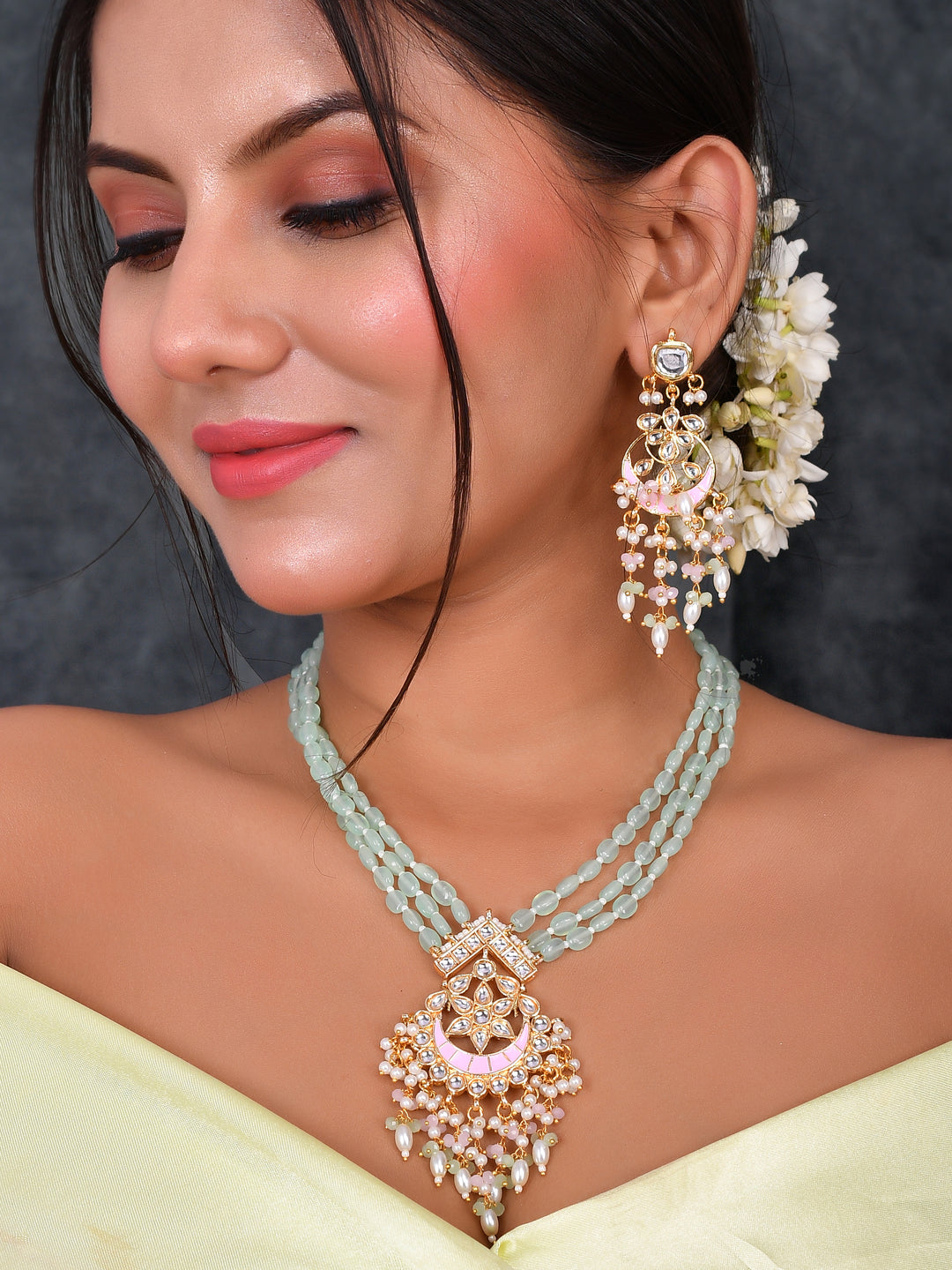Meena Enigma Mint Partywear Pendant Necklace Set