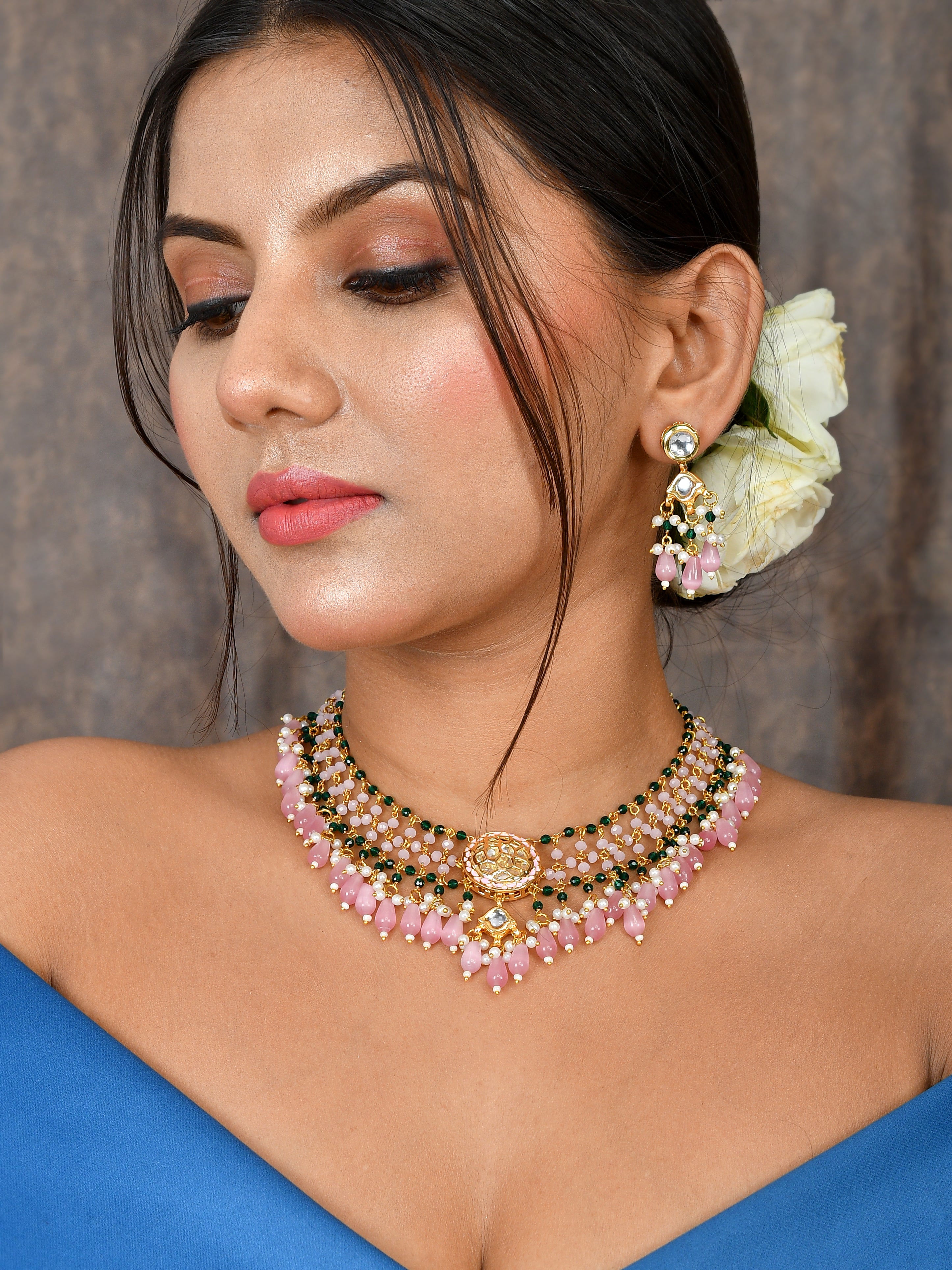 Buy Bridesmaid High Gold Long Necklace set Studded With Maroon And white  stone at Amazon.in