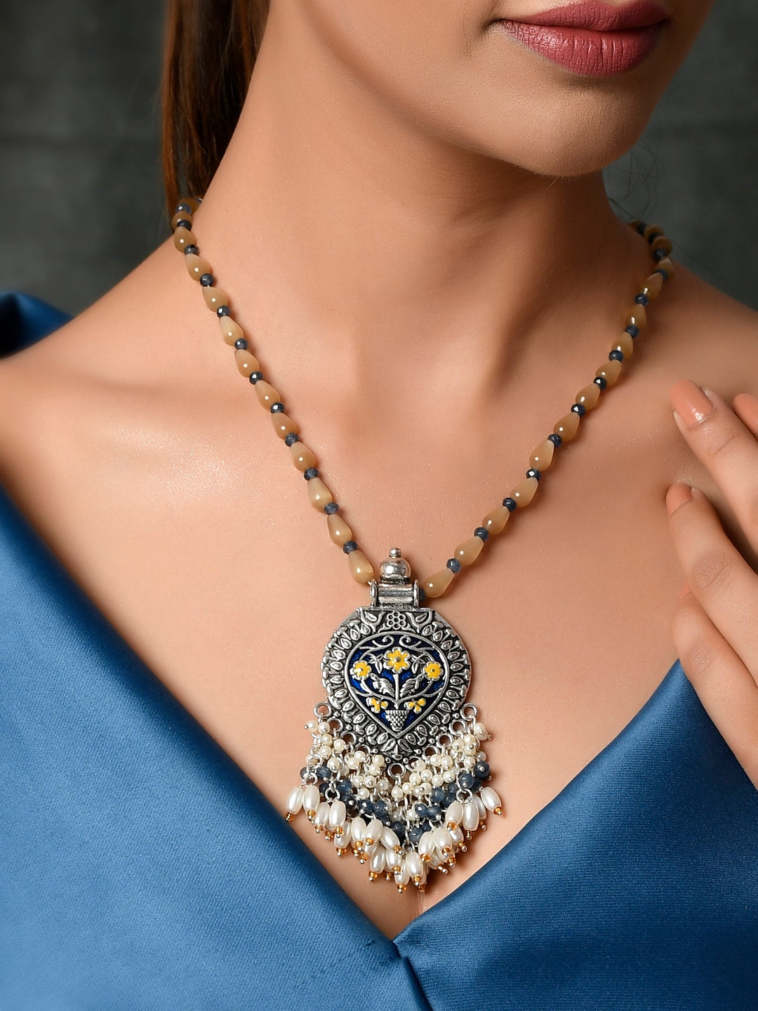 Dastoor Yellow  White Brass Silver-Plated Necklace