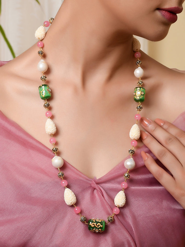 Dastoor Cream-Coloured  Pink Brass Gold-Plated Necklace