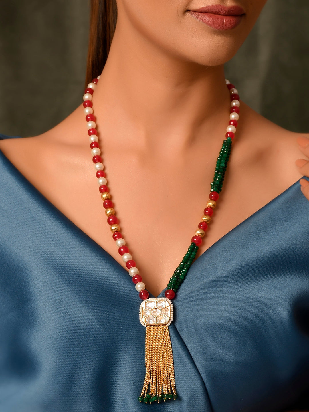 Dastoor Red  Yellow Brass Gold-Plated Necklace