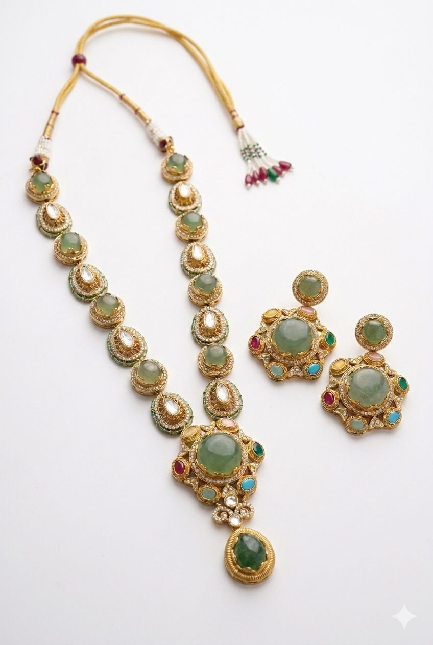 Moissanite Semi Precious Green Kundan Long Necklace Set Gold Tone