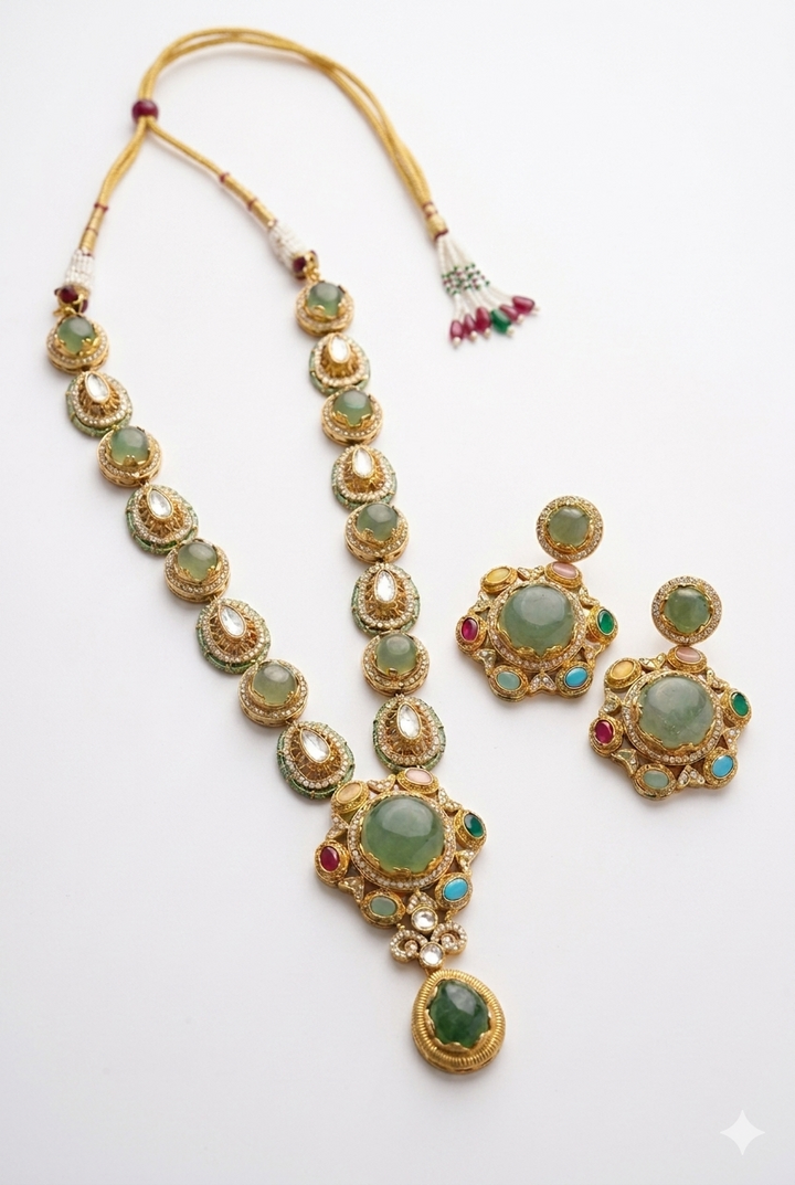 Moissanite Semi Precious Green Kundan Long Necklace Set Gold Tone