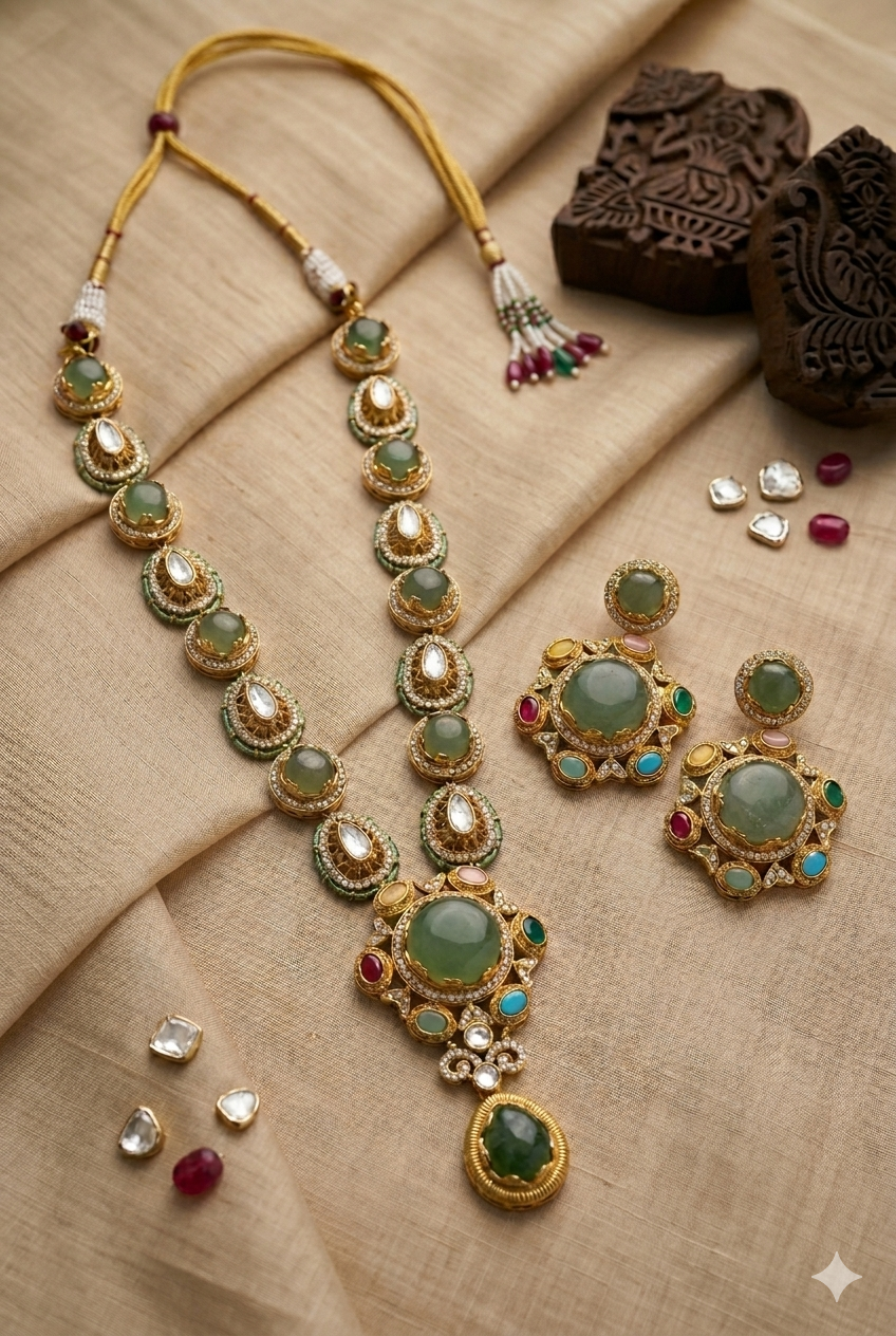 Moissanite Semi Precious Green Kundan Long Necklace Set Gold Tone