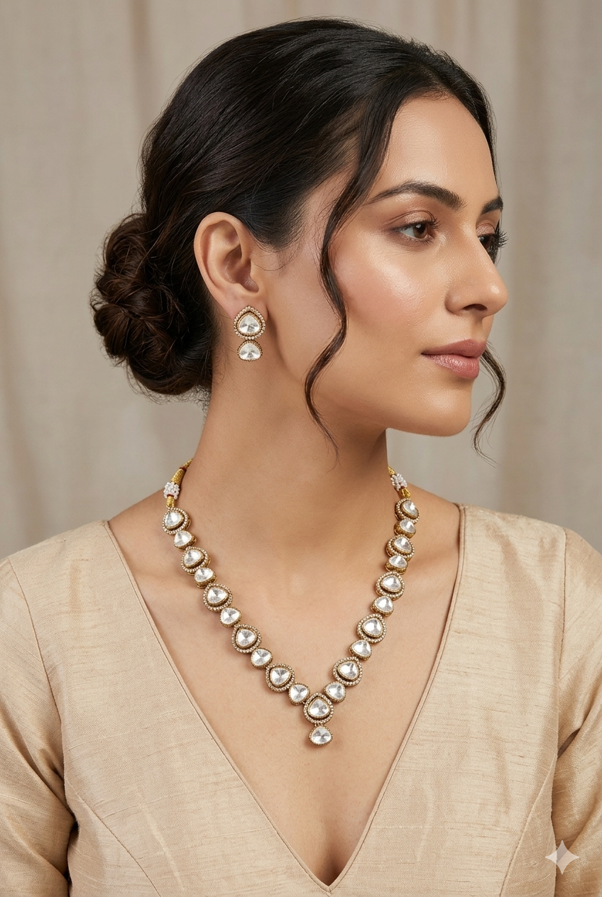 Moissanite Semi Precious Kundan Necklace Set with Earrings Gold Plated