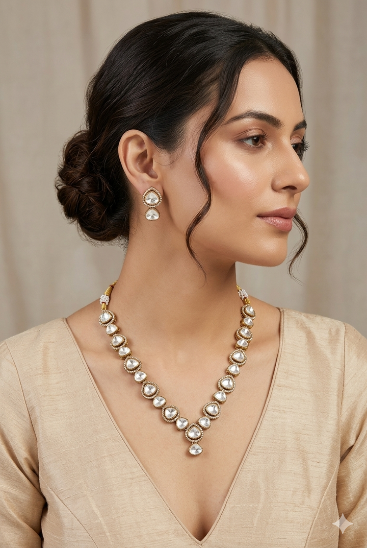 Moissanite Semi Precious Kundan Necklace Set with Earrings Gold Plated