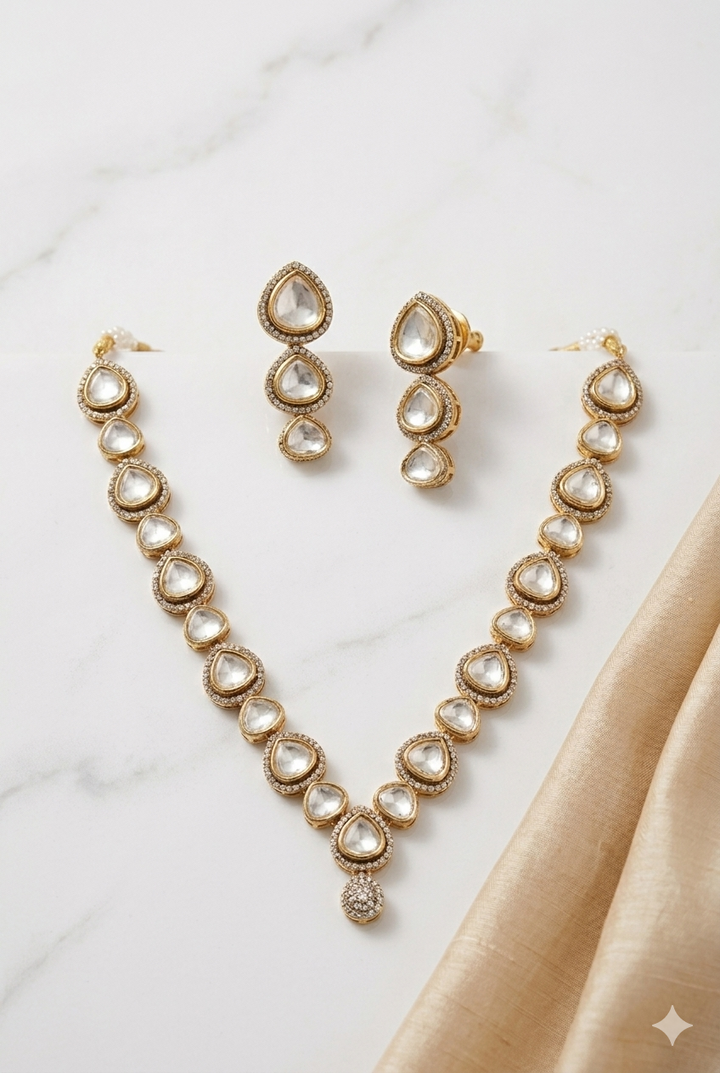 Moissanite Semi Precious Kundan Necklace Set with Earrings Gold Plated