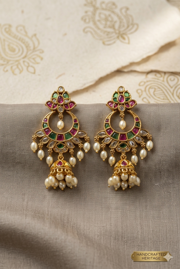 Gold Plated Kundan Dangler Earrings with Green Stone Drops Pearl Hanging Traditional Ethnic Designer Bridal Party Wear Jewelry