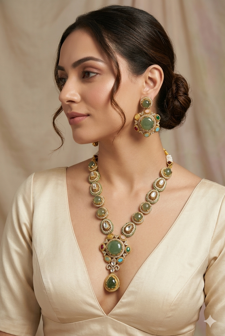 Moissanite Semi Precious Green Kundan Long Necklace Set Gold Tone