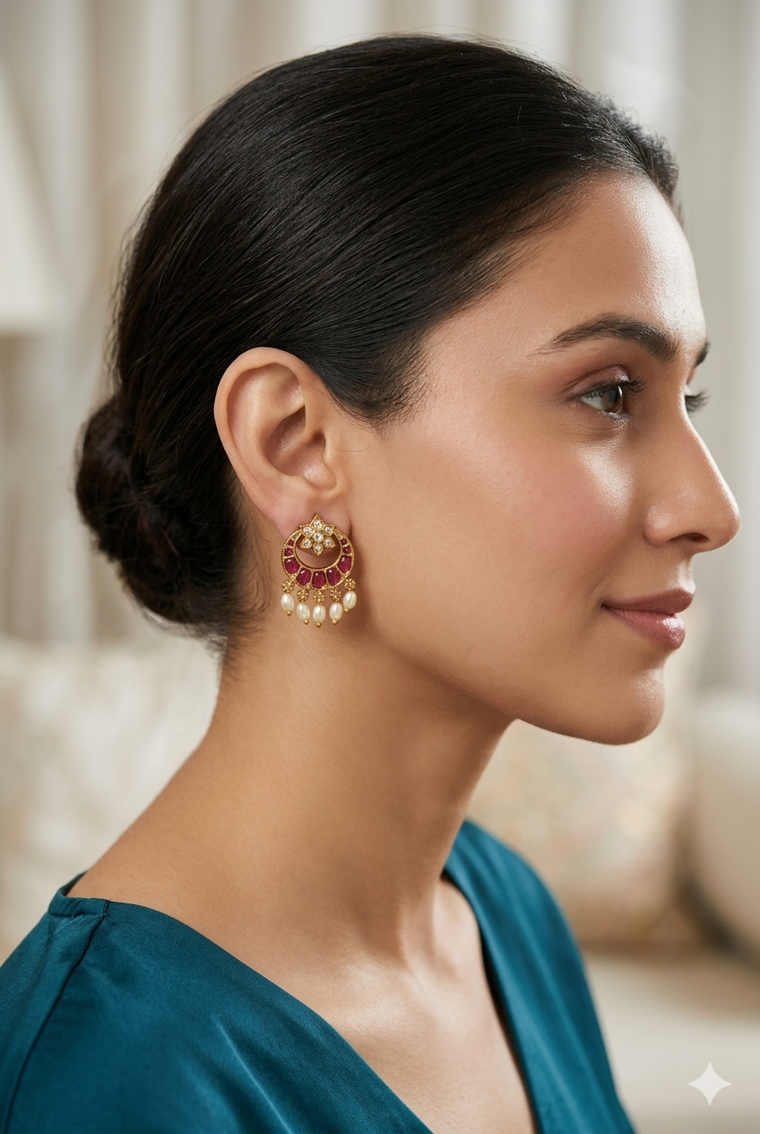 Kundan Pearl Chandbali Earrings for Women, Gold Plated Ethnic Wedding & Festive Wear Designer Earrings, Traditional Lightweight Bridal Party Wear Jewellery