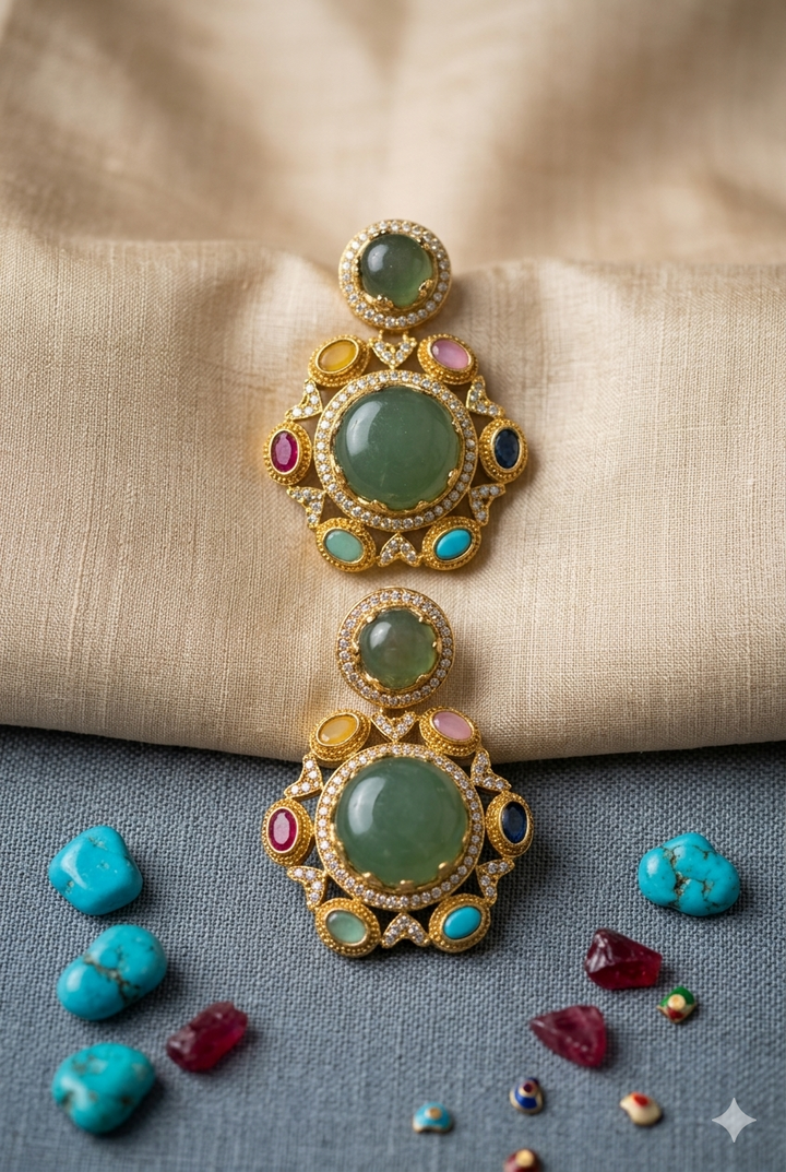 Moissanite Semi Precious Green Kundan Long Necklace Set Gold Tone