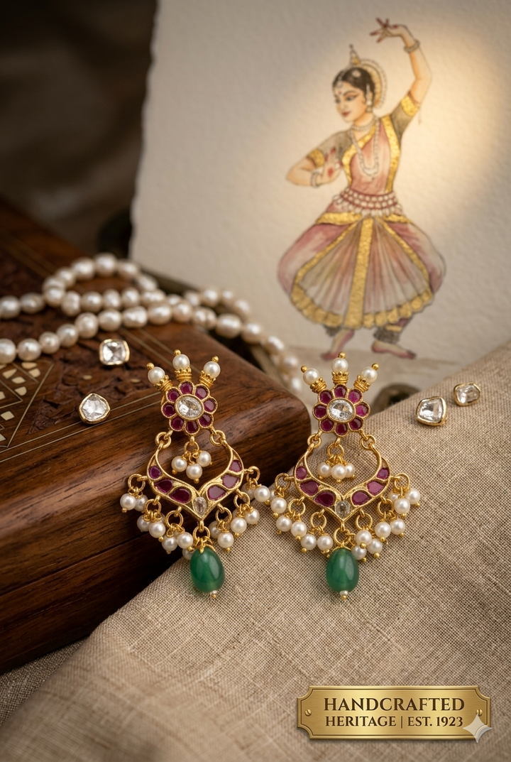 Gold Plated Kundan Dangler Earrings with Pearl Drops Green Stone Traditional Ethnic Designer Jewelry