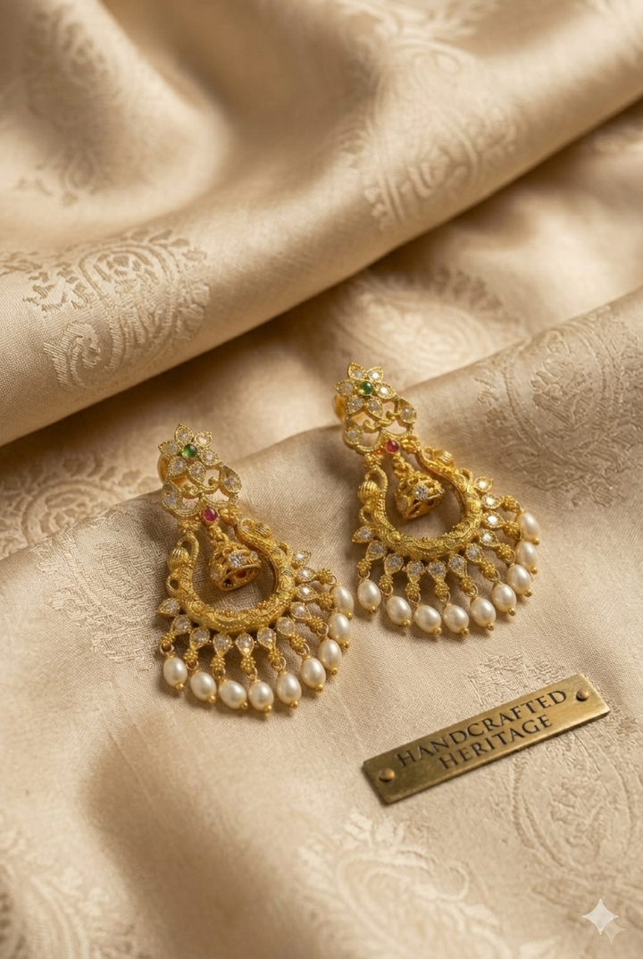 Gold Plated Kundan Chandbali Earrings with Pearl Drops Traditional Bridal Ethnic Designer Jewelry