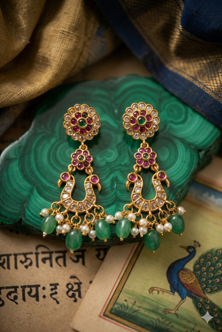 Gold Plated Kundan Dangler Earrings with Green Stone Drops Pearl Hanging Traditional Ethnic Designer Bridal Party Wear Jewelry