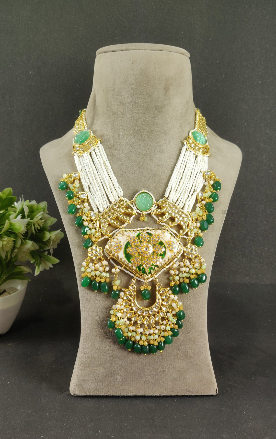 Dastoor Largish Abstract Pearl Green Long Necklace Set