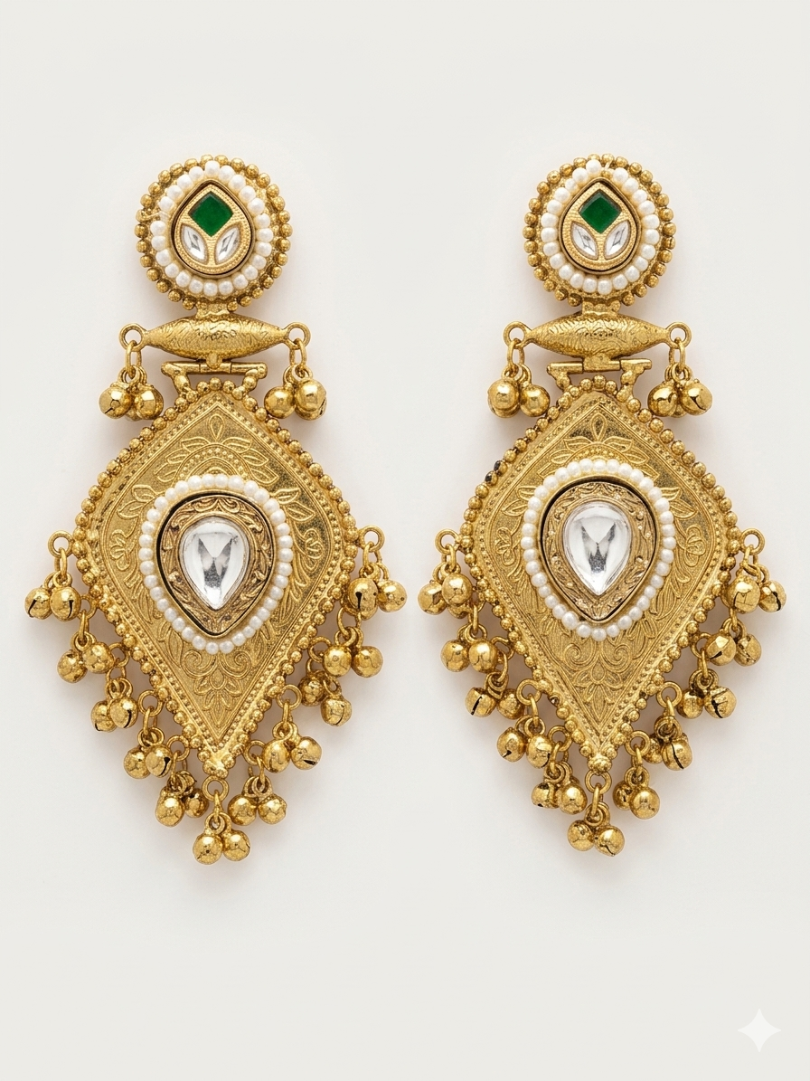 Regal Kundan Pearl Drop Earrings with Intricate Gold-Tone Engraving and Ghungroo Tassel Detailing for Festive Traditional Elegance