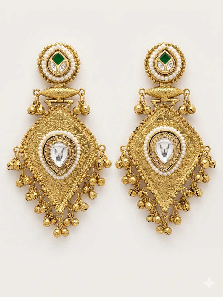 Regal Kundan Pearl Drop Earrings with Intricate Gold-Tone Engraving and Ghungroo Tassel Detailing for Festive Traditional Elegance