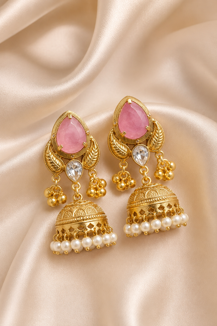 Pink Stone Pearl Jhumka Earrings