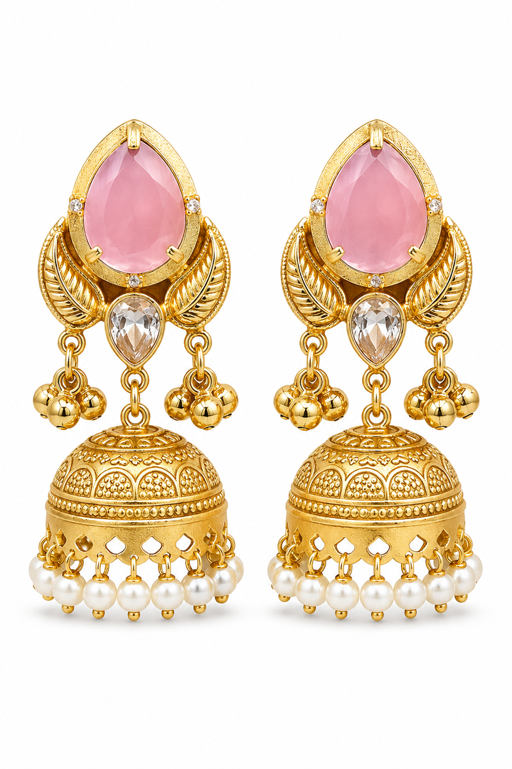 Pink Stone Pearl Jhumka Earrings