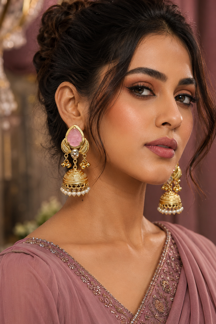 Pink Stone Pearl Jhumka Earrings